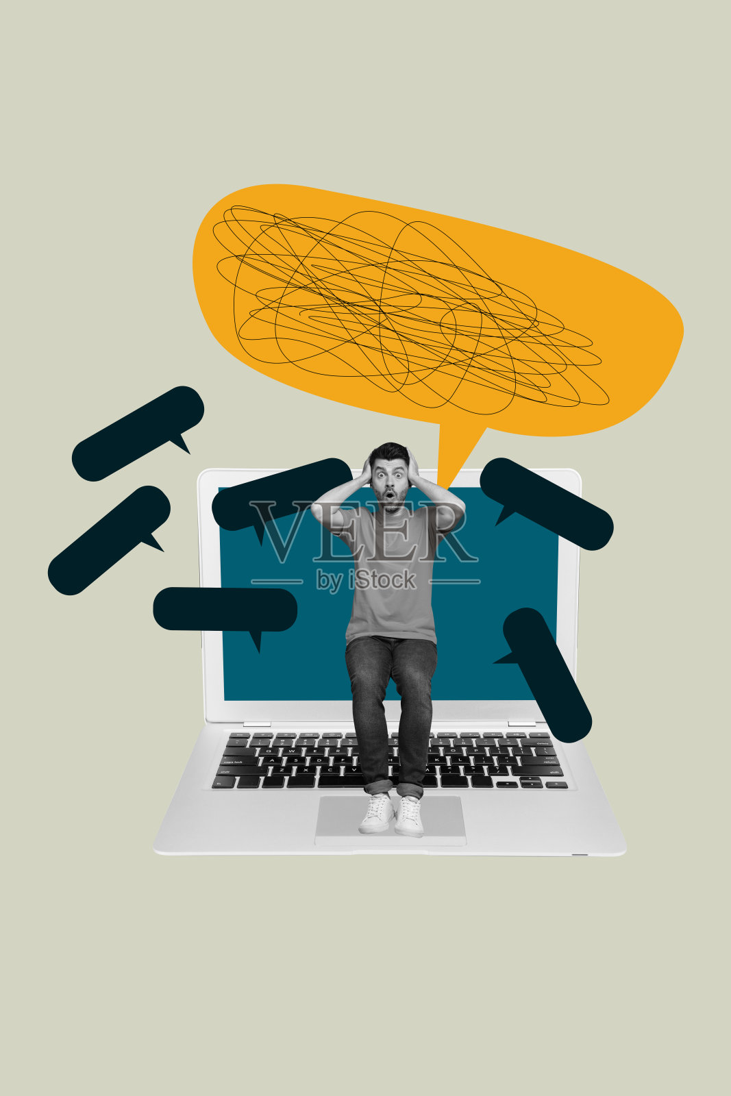 创意拼贴：一个人站在卡其色背景前，脑海中充满杂乱的思绪云彩照片摄影图片