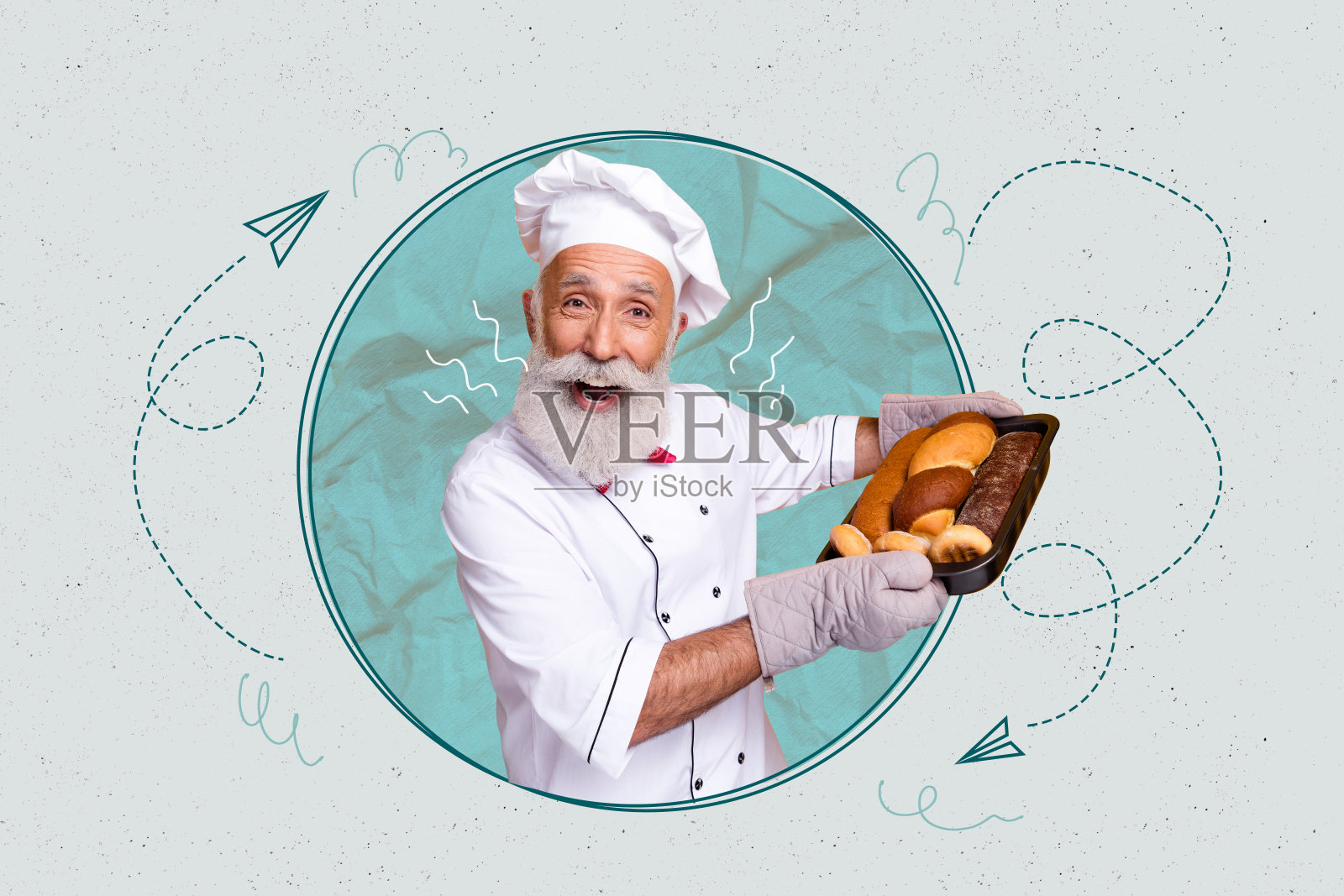 厨师人物的流行海报拼贴，站在绿色圆形框背景上照片摄影图片