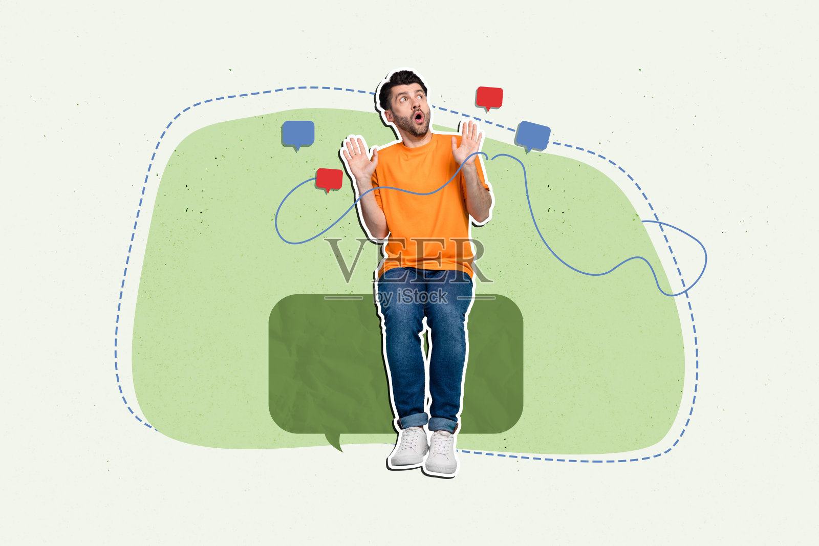 快乐女孩和男孩收到通知的创意照片拼贴，聊天对话图标和云端对话信息照片摄影图片