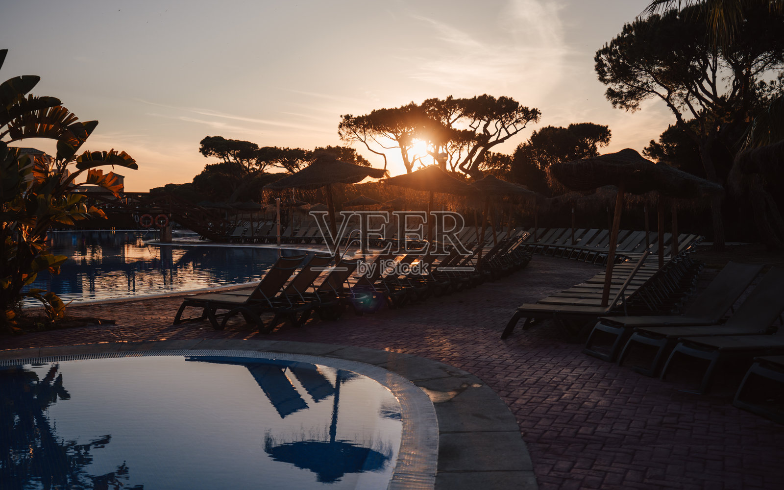日落时分的度假村泳池与躺椅照片摄影图片
