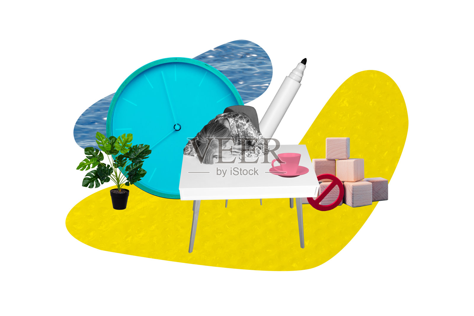 拼贴海报模板趋势艺术作品，描绘一位年长女性躺在桌子上睡觉，身边有时钟、截止日期、茶杯和植物，办公室经理。照片摄影图片