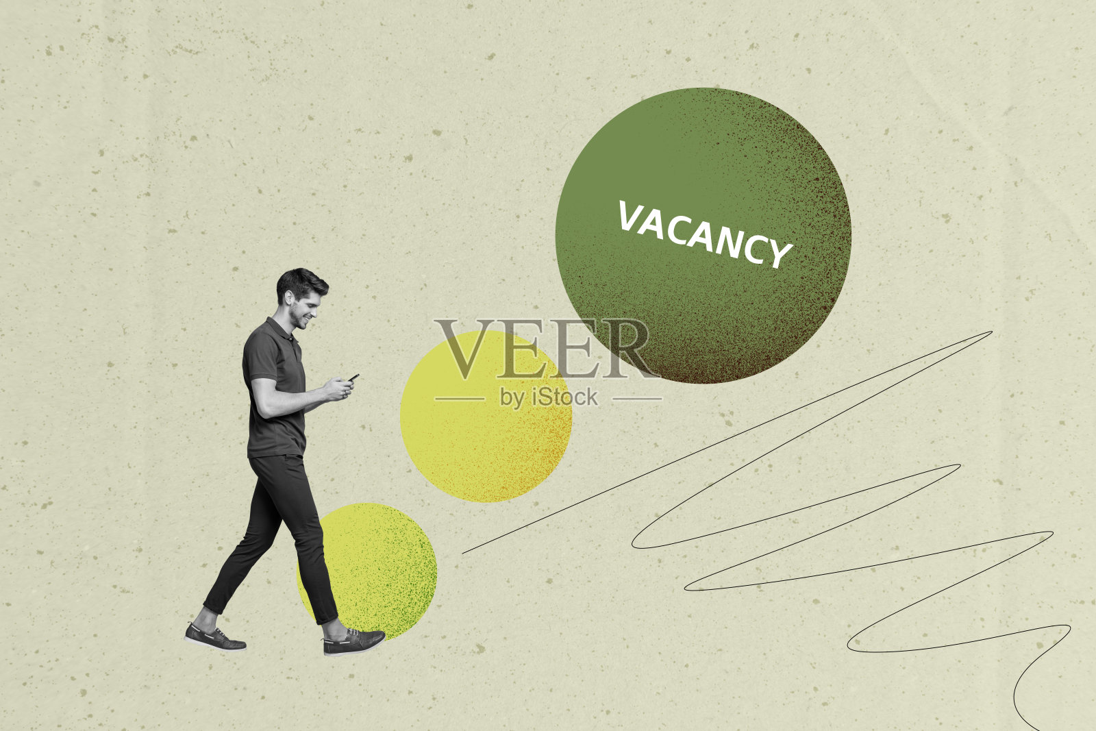 年轻人在绿色和黄色背景上寻找空缺的超现实拼贴趋势照片摄影图片