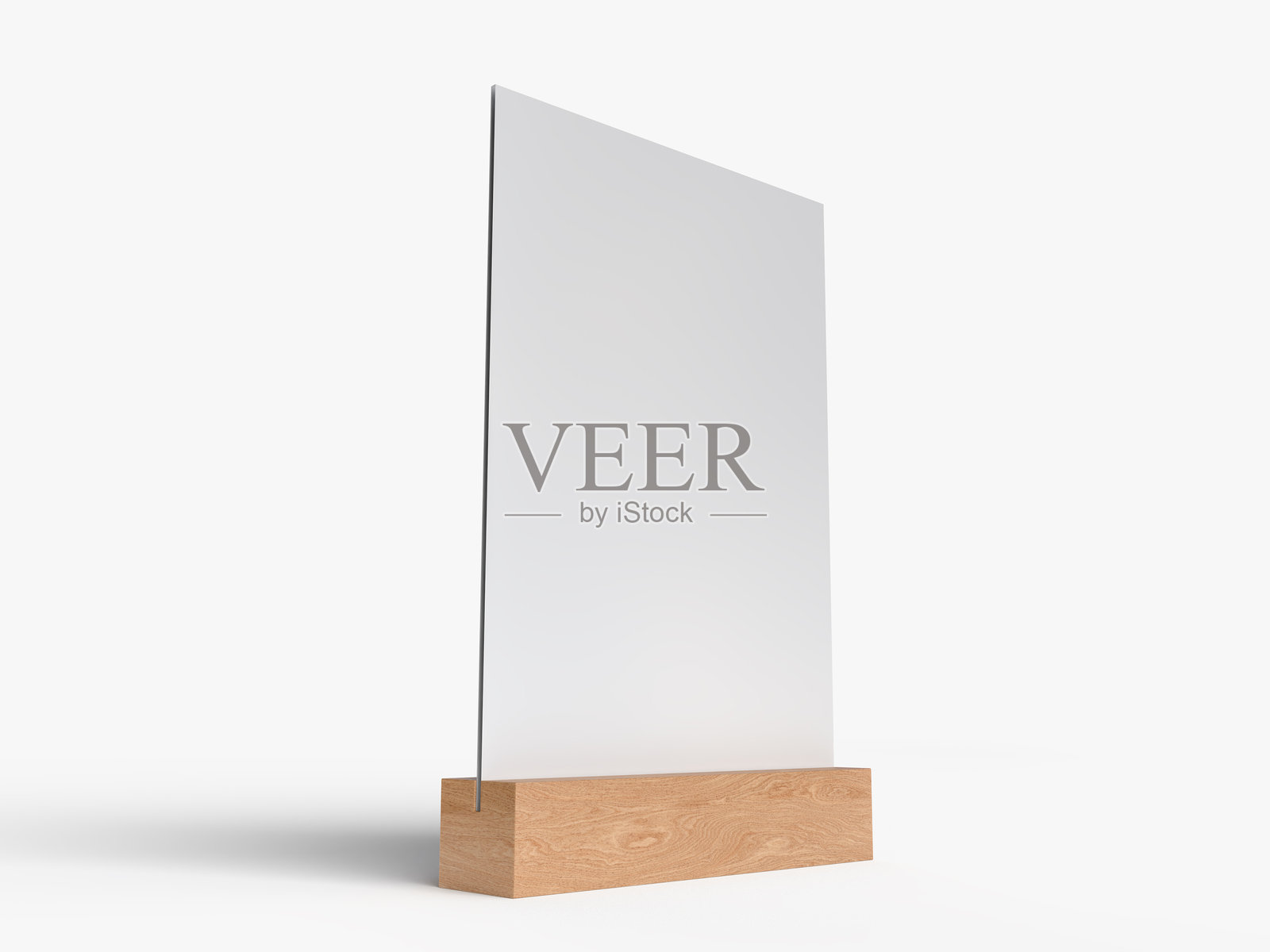 3D真实感桌面支架，带有木质底座和白色纸质亚克力的桌牌模型。空白卡片架用于展示菜单标签、餐厅、咖啡馆、横幅、图片支架、标志架和广告。照片摄影图片