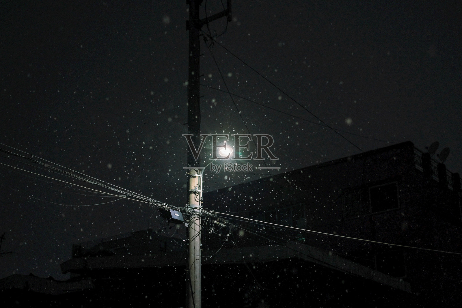 夜晚街灯下的雪花飘落照片摄影图片