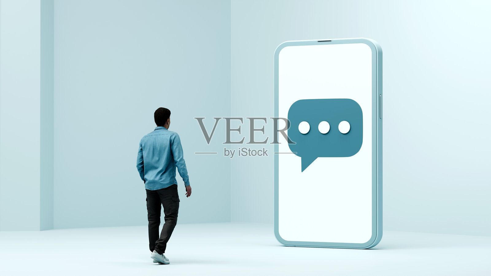 站在巨型智能手机前的男人与聊天图标 - 数字通信、科技和社交媒体，3D渲染照片摄影图片