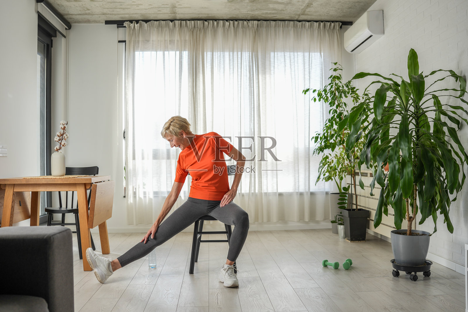 一位穿着橙色衬衫和灰色紧身裤的老年女性坐在椅子上，侧身伸展腿部。她在一个明亮的客厅中伸手去碰自己的脚，周围有植物，展现了老年人的柔韧性和健康。照片摄影图片