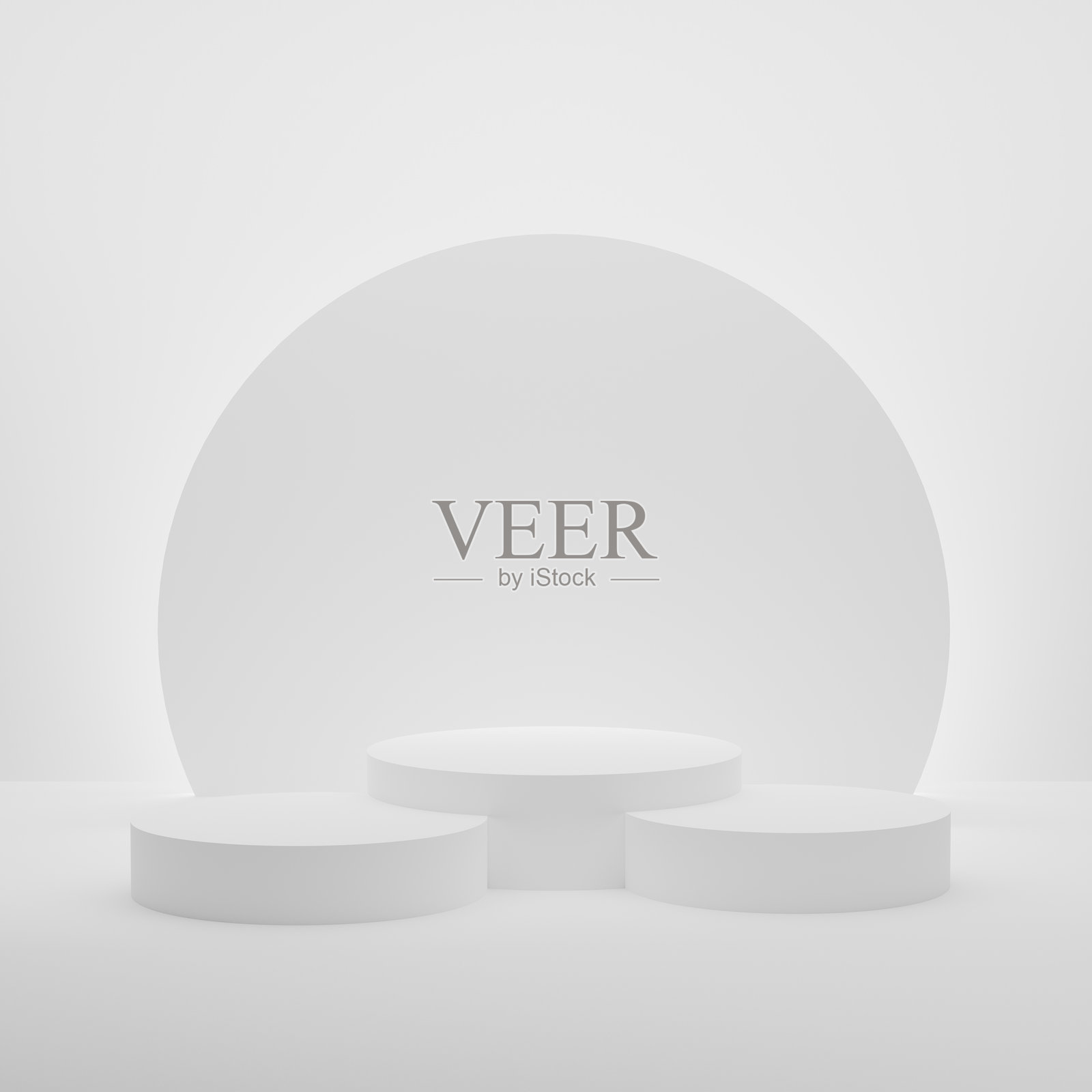 三维真实感的三个白色圆柱形展台背景，背景为白色。闪亮的圆盘装饰，样机，三维渲染。几何简约的舞台用于产品展示，展示平台。照片摄影图片