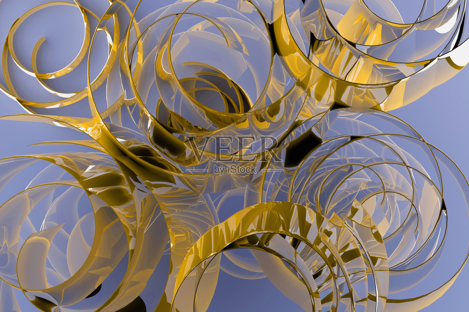 充满活力的抽象背景，带有卷曲、圆圈和气泡的图案，采用浅紫色、金色和黄色光泽塑料，展现出能量、动感和现代艺术氛围，适用于商业、时尚和假日。3D渲染。照片摄影图片