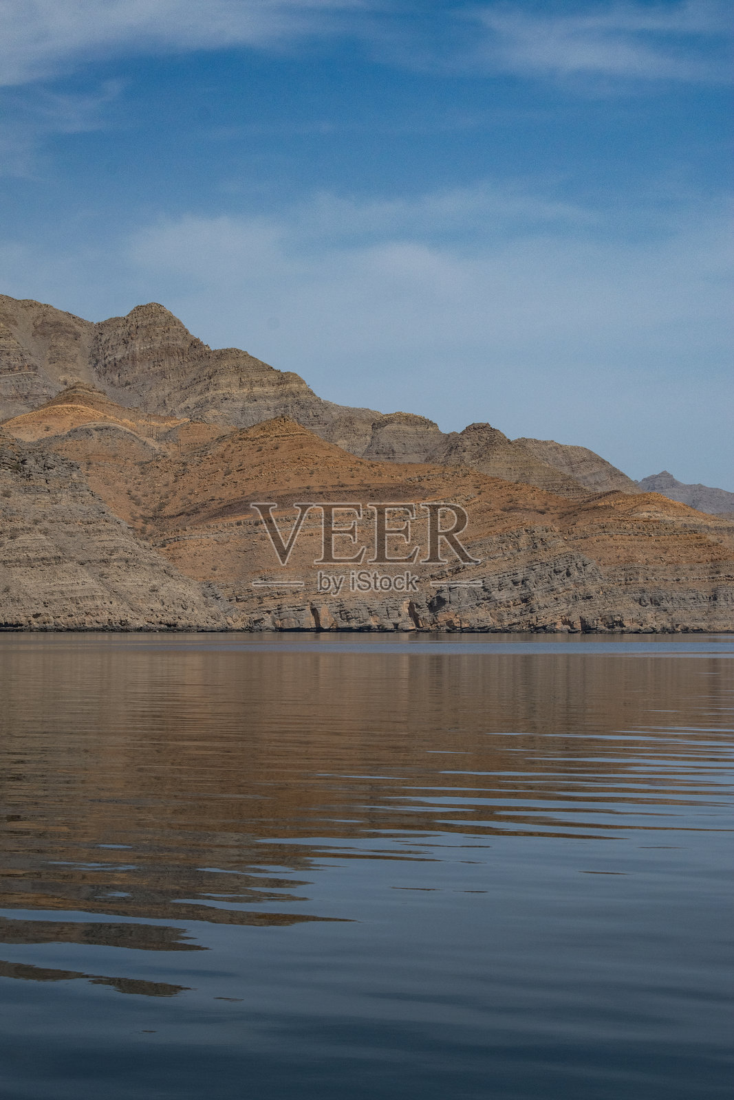 阿曼，中东：霍尔木兹海峡平静水面上如镜子般的山脉倒影，游览穆桑达姆半岛的峡湾照片摄影图片