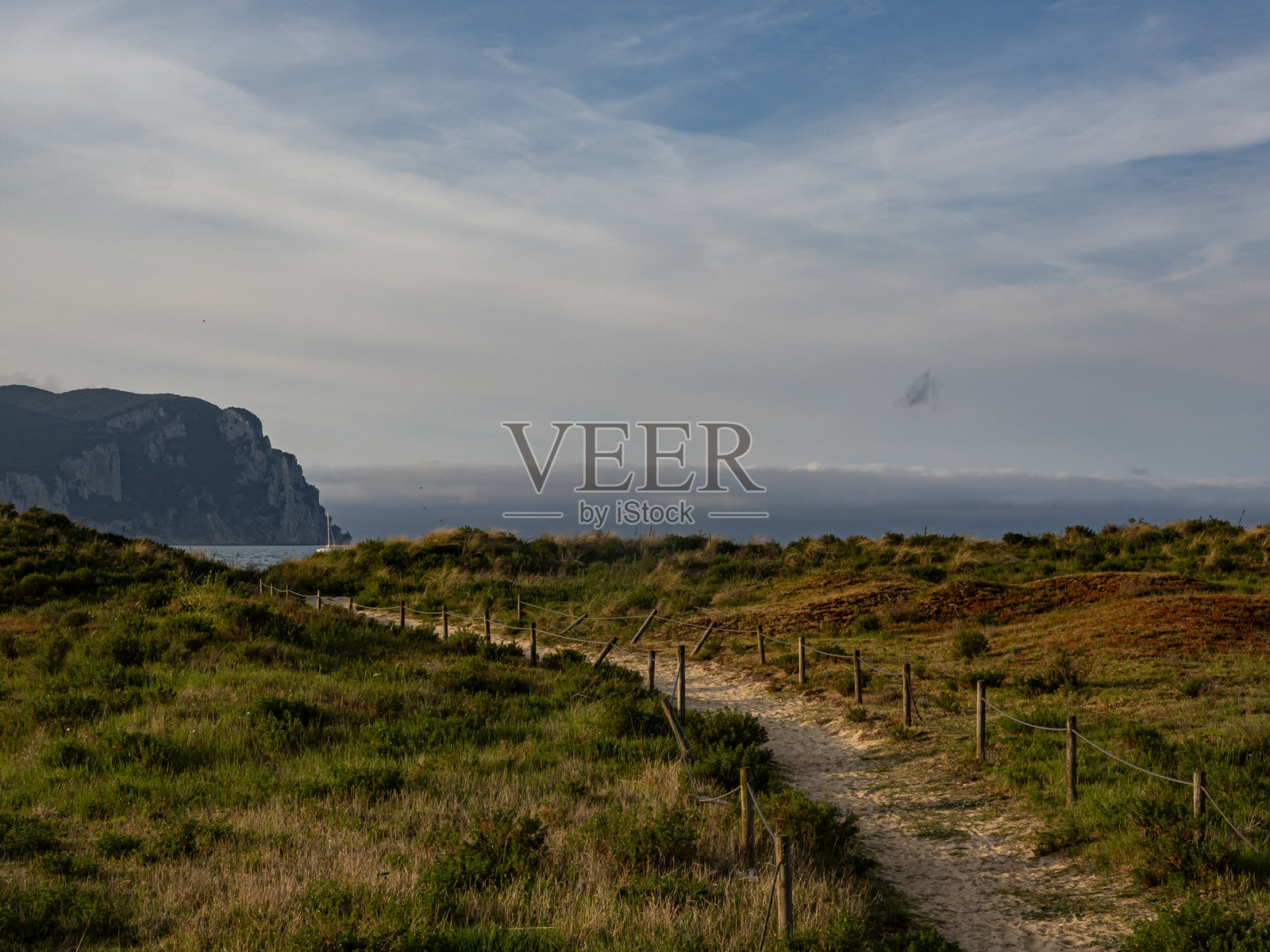 一条穿过自然和沙丘的短小小径通向西班牙拉雷多的埃尔萨尔韦海滩（坎塔布里亚）。照片摄影图片