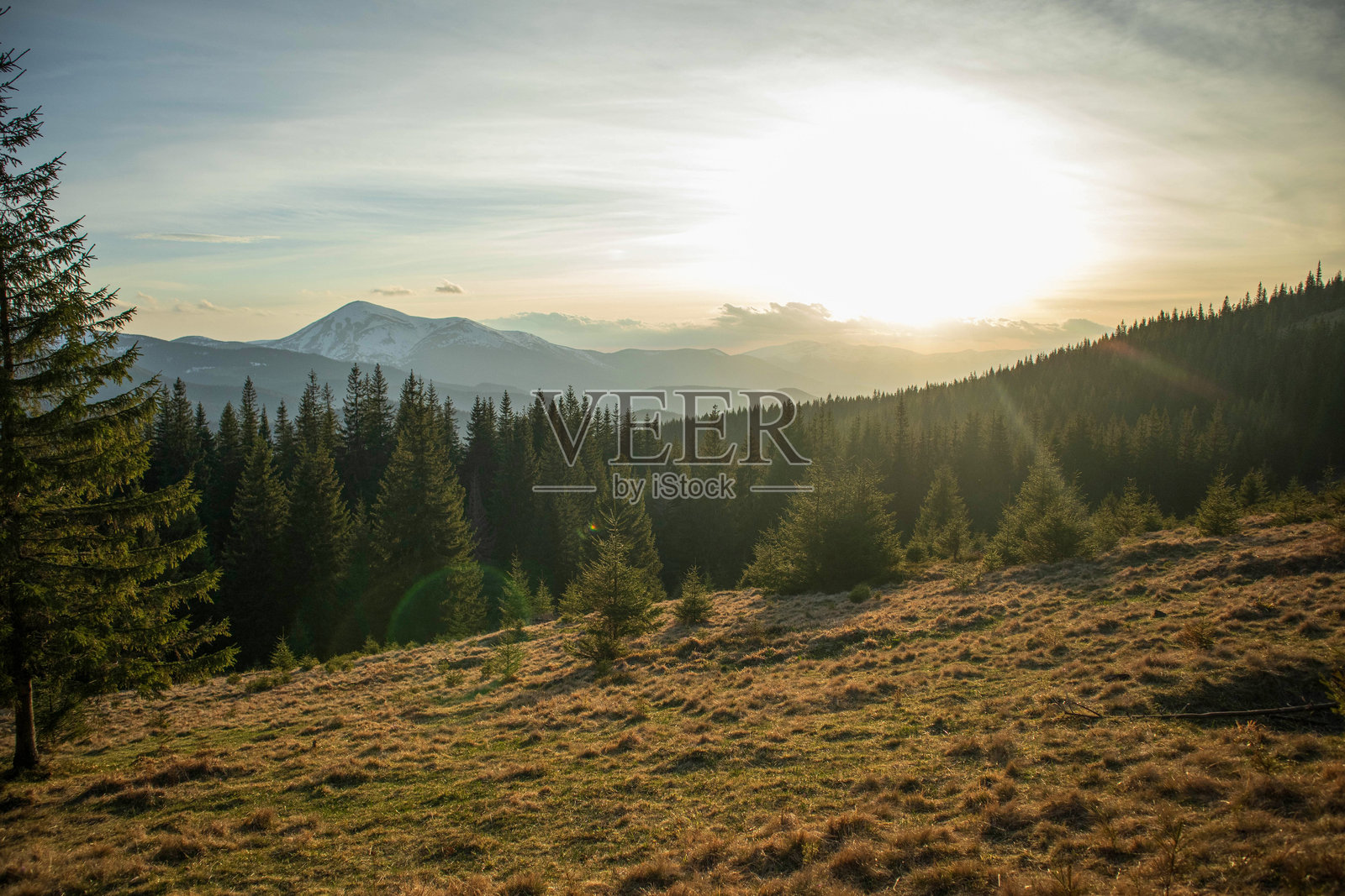 喀尔巴阡山脉日出时美丽的山景照片摄影图片