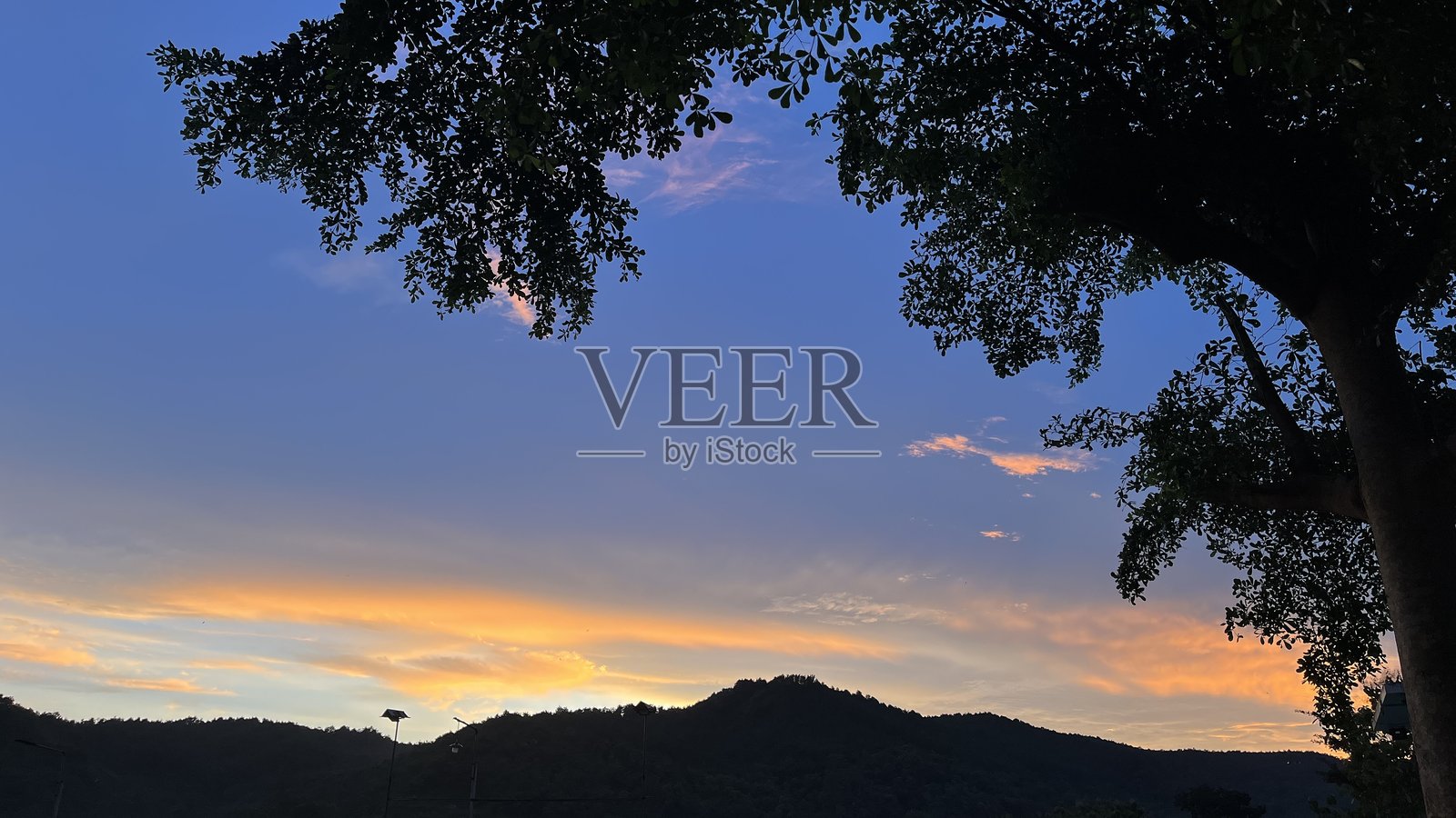 山丘和树木后方的戏剧性日落照片摄影图片