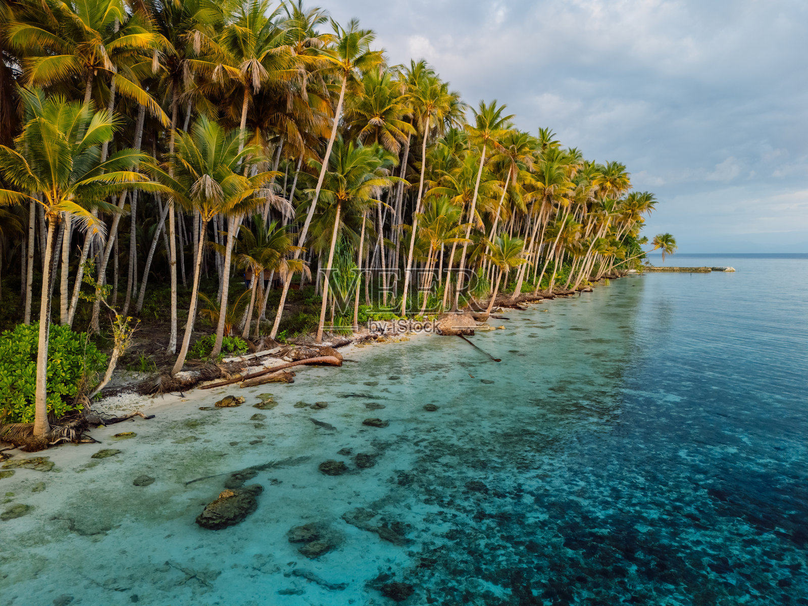 印度尼西亚风景如画的岛屿上，椰子棕榈树与日出色调交相辉映的海岸线照片摄影图片