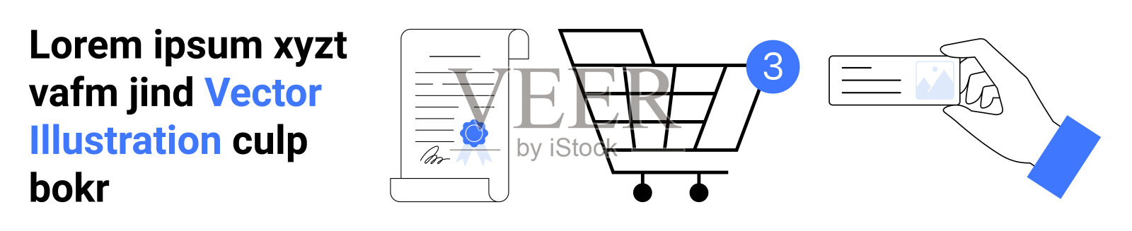 在线购物概念，包含购物车、文件和手持卡片插画图片素材