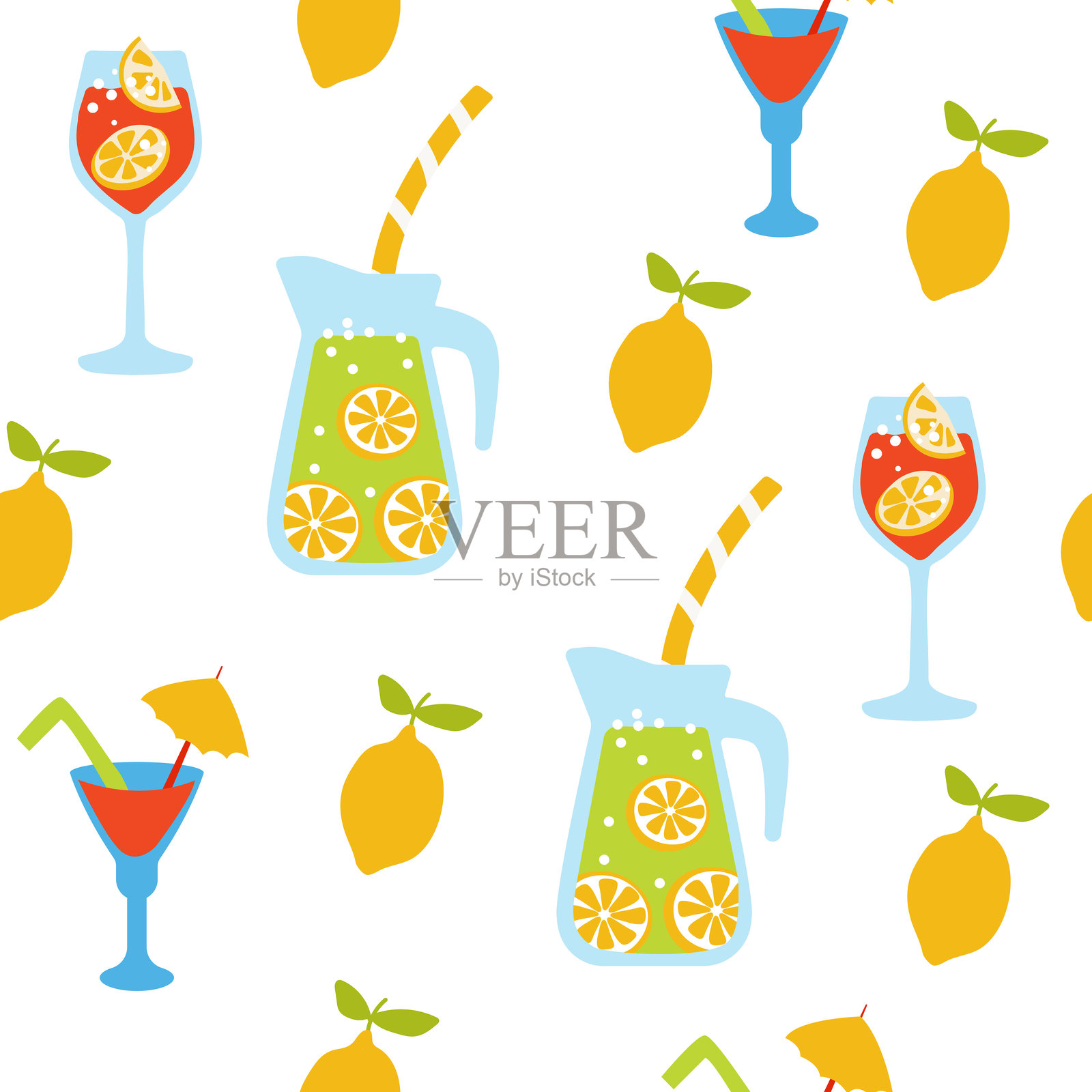 清新饮品的无缝图案。自制柠檬水和水果鸡尾酒。插画图片素材