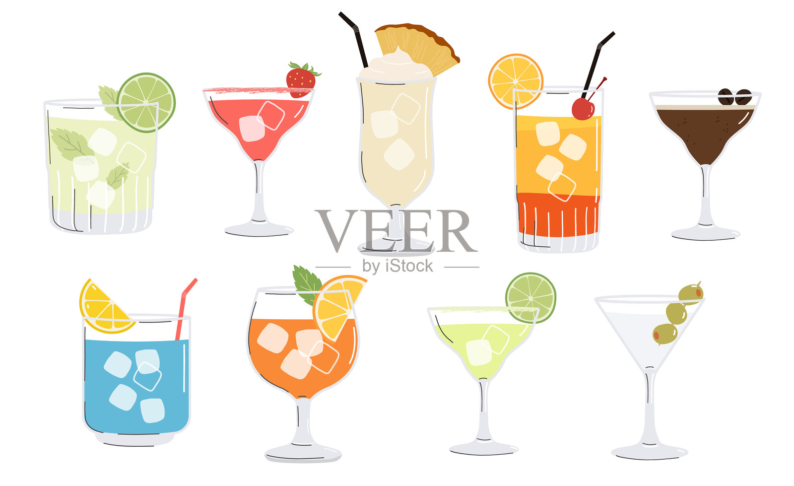 夏季鸡尾酒套装。不同杯子里的酒精饮料。鸡尾酒菜单插图剪贴画插画图片素材