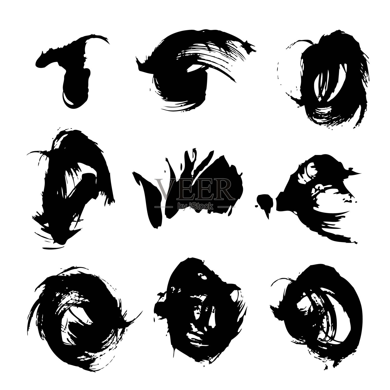 黑色抽象圆形污迹，孤立在白色背景上插画图片素材