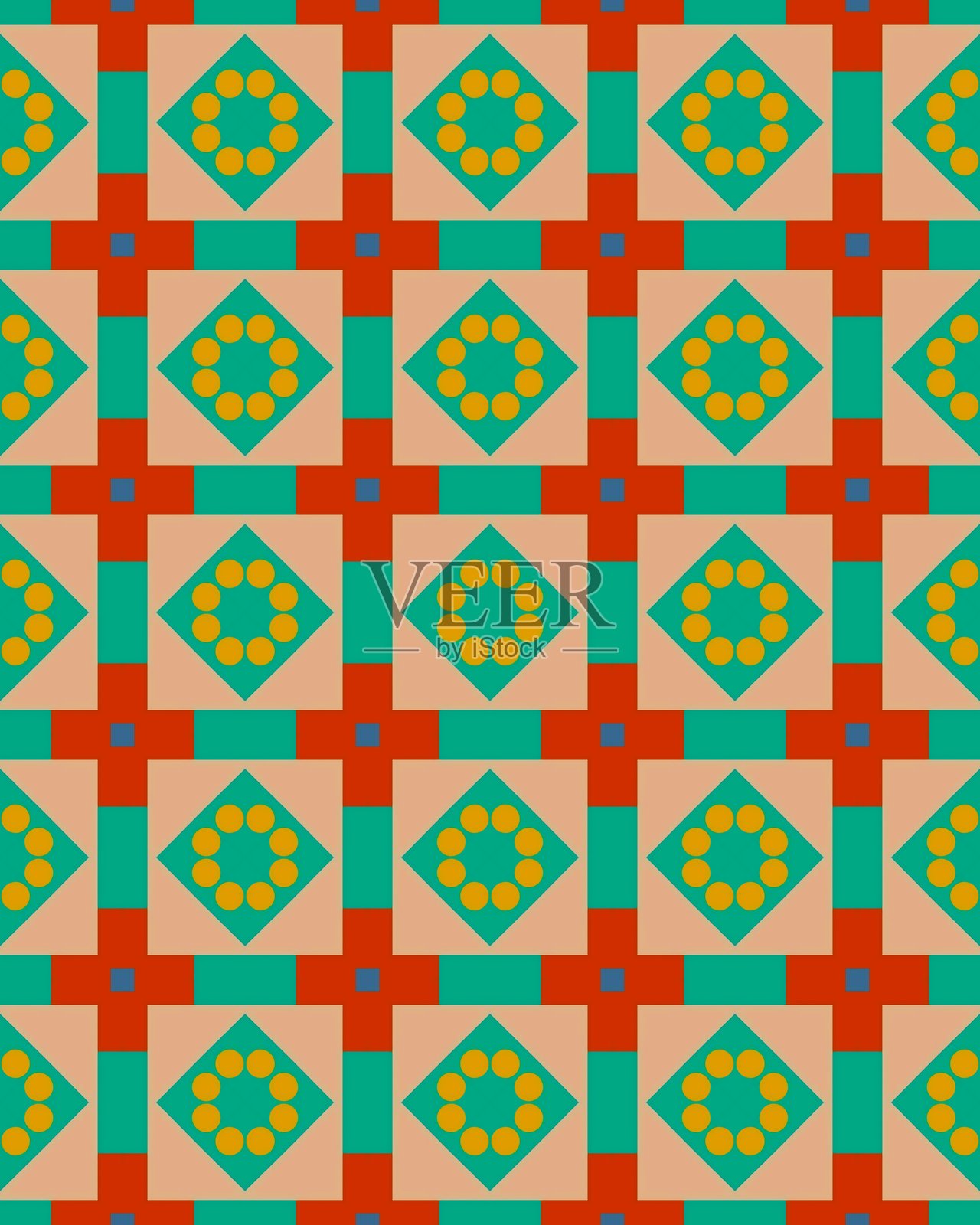 一个充满活力的设计，展示了一个重复的几何图案，包含明亮颜色的方形和圆形，营造出充满活力的视觉吸引力。插画图片素材