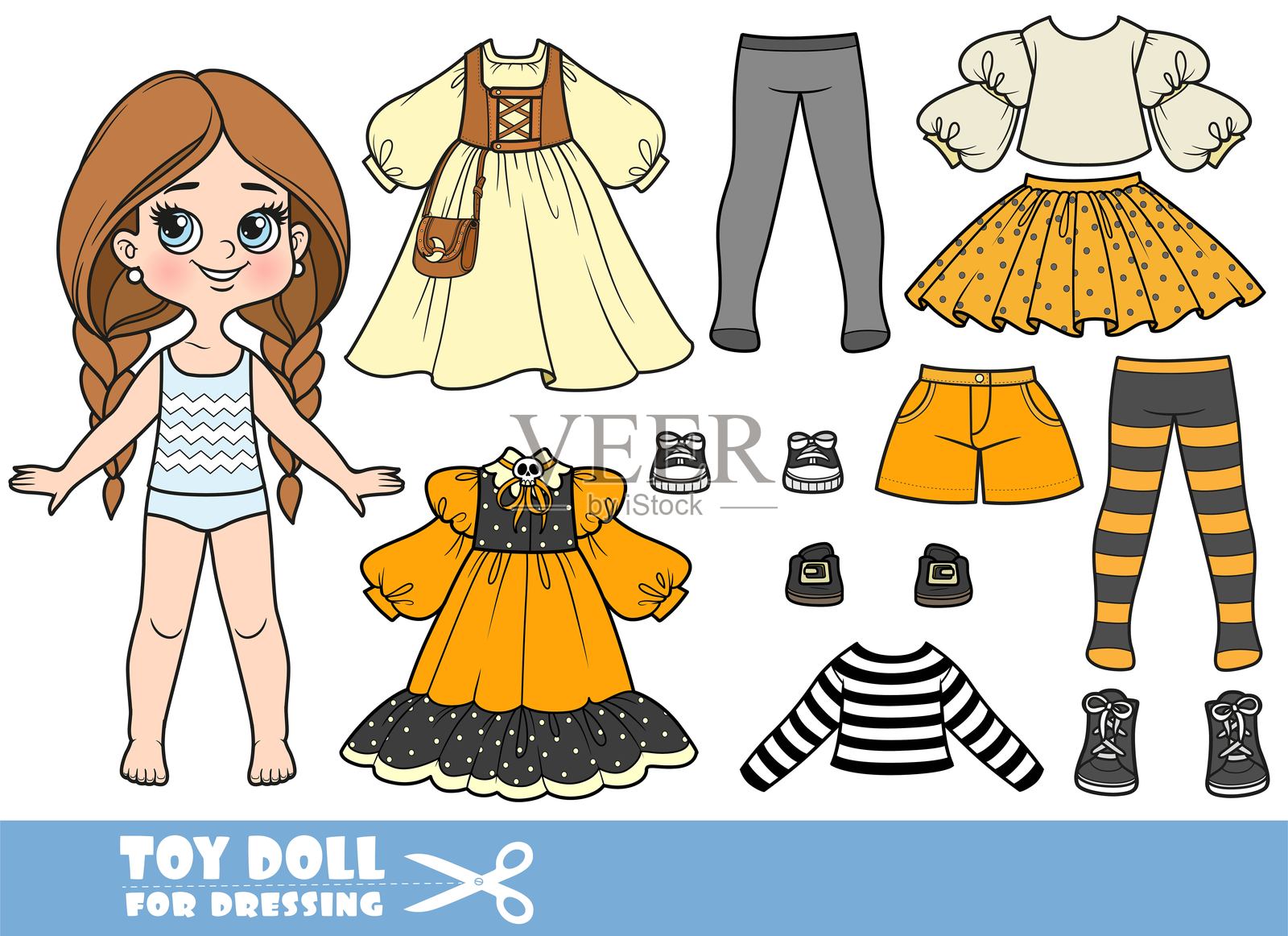 卡通长发编辫子的女孩和单独的衣服 - 万圣节女巫服装与裙子插画图片素材