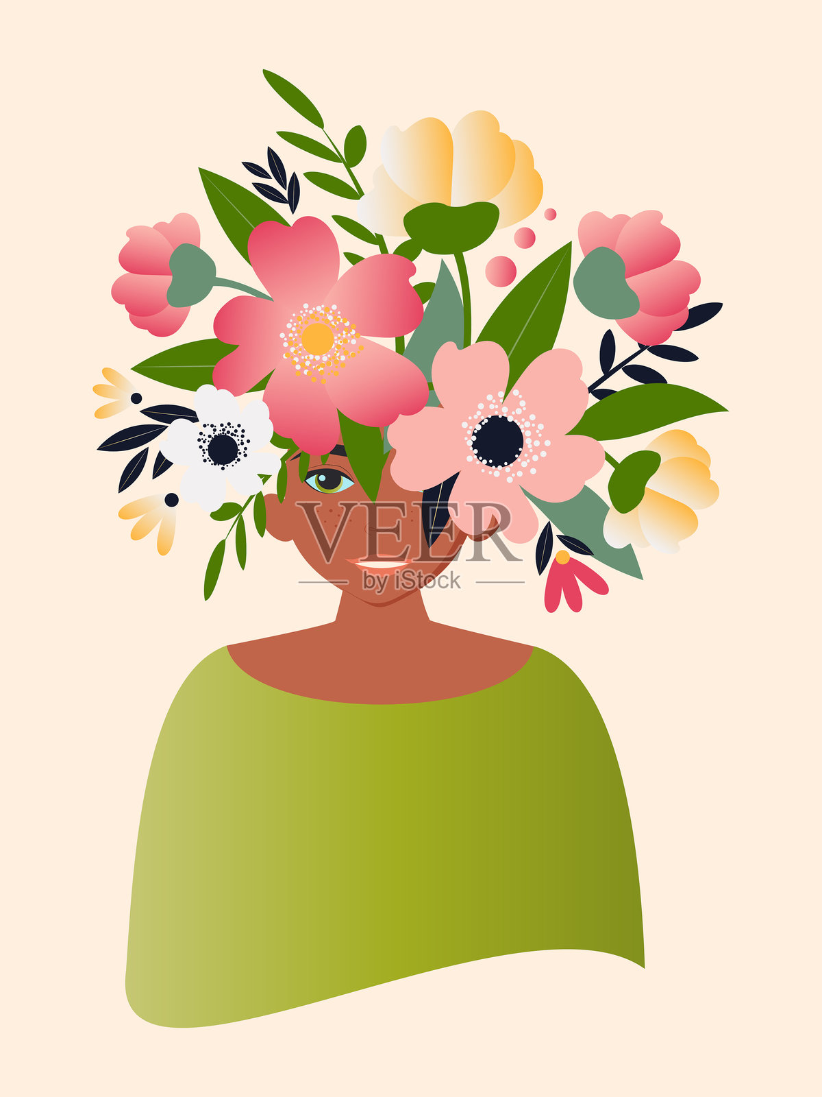 一位美丽女性的肖像，头上戴着花朵，背景为浅粉色，适用于女性春季节日的贺卡。矢量图。插画图片素材