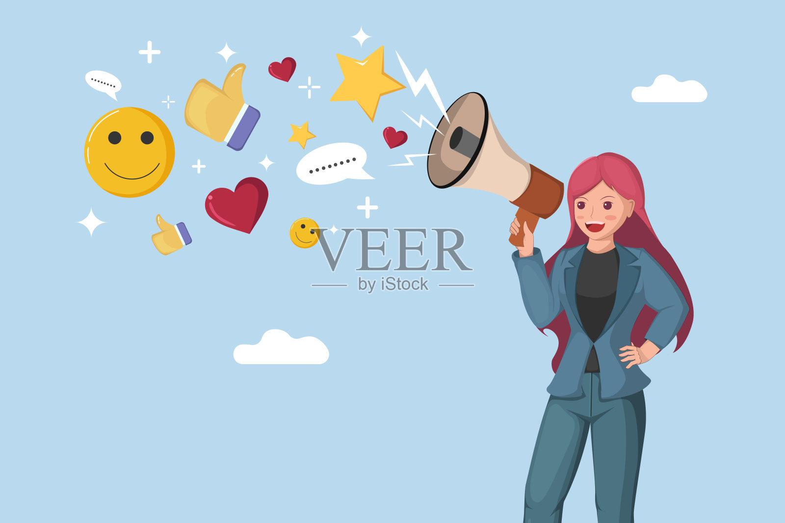 女性使用扩音器传播积极反馈和社交媒体反应，如微笑。插画图片素材