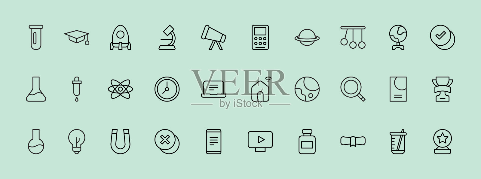 教育和科学图标集合，代表各种学术主题和概念，采用简约线条风格插图插画图片素材