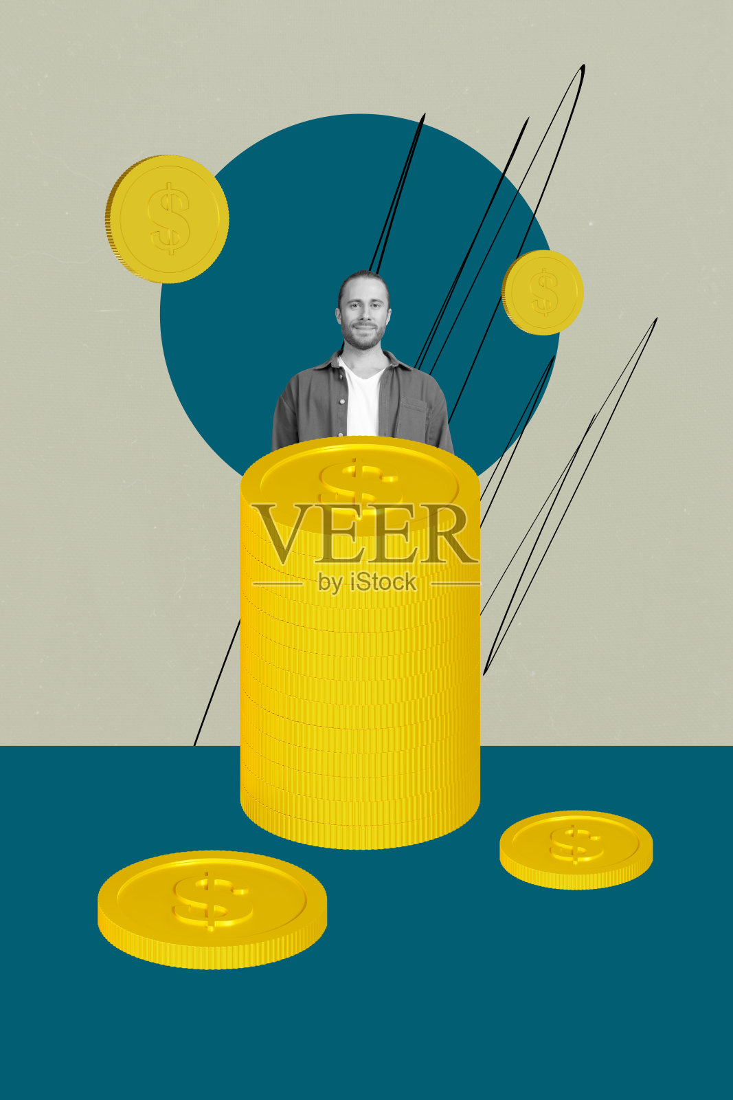 快乐商人窥视美元硬币储蓄收益的独特垂直拼贴图照片摄影图片