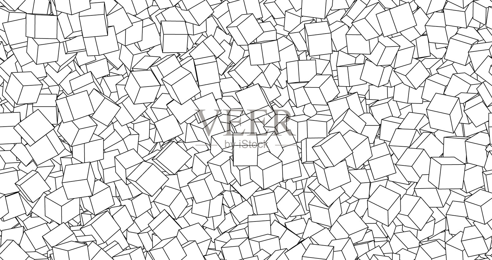 灰色调等距立方体的无缝图案，营造出混乱堆积的效果。极简主义风格，几何图形，单色。插画图片素材