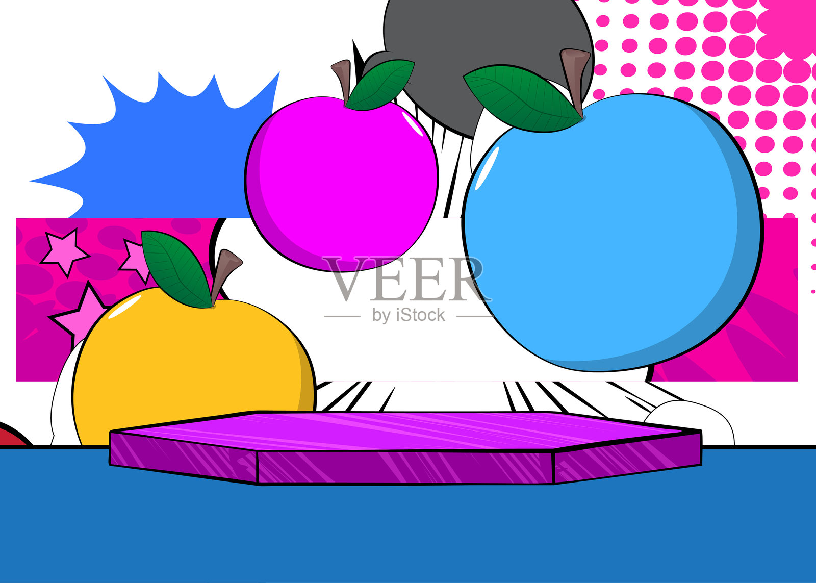 漫画书产品展示台用于苹果的模型展示，复古漫画背景。插画图片素材