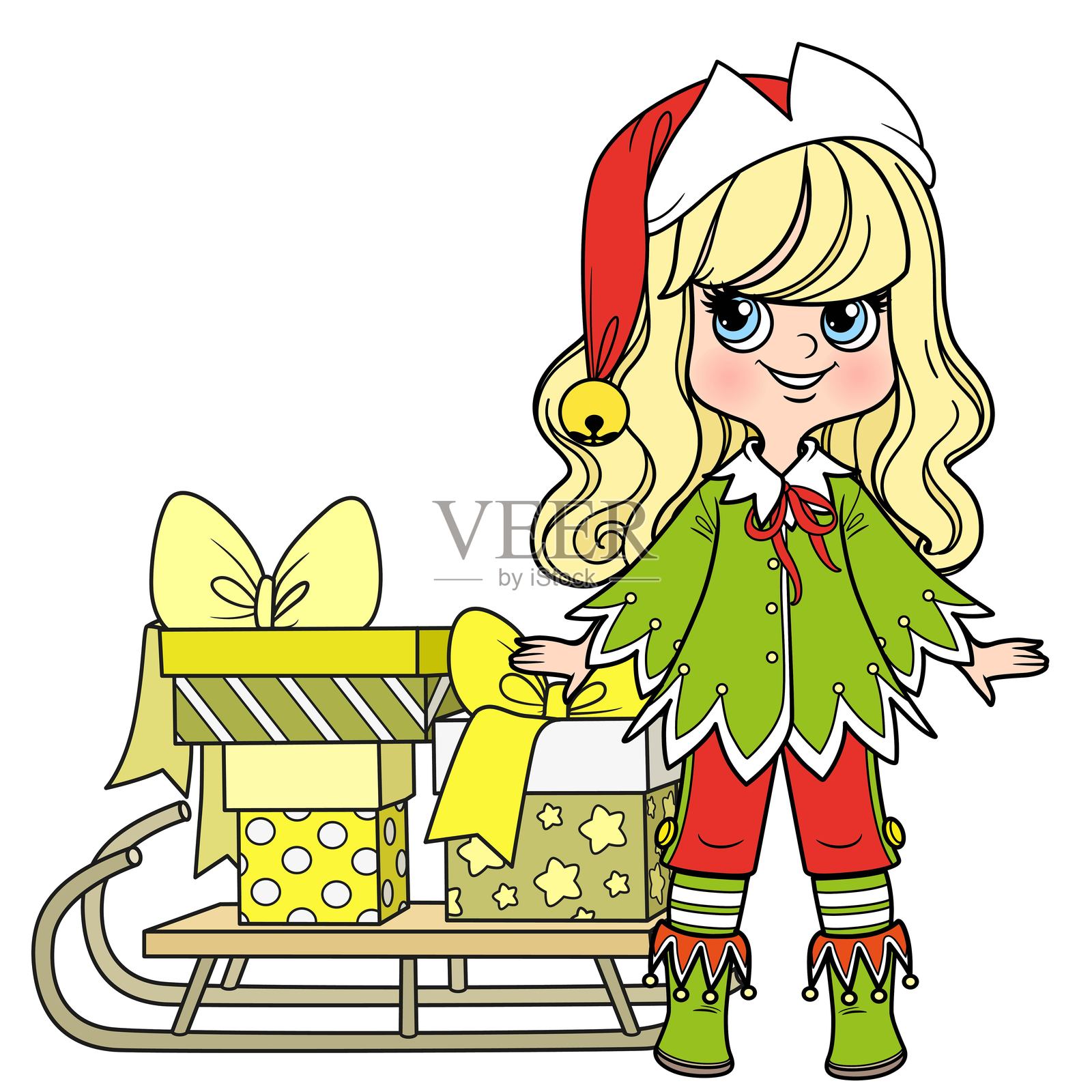 穿着新年精灵服装的卡通金发女孩，旁边有装满礼物的雪橇 - 服装、女孩和雪橇的元素分别展示插画图片素材