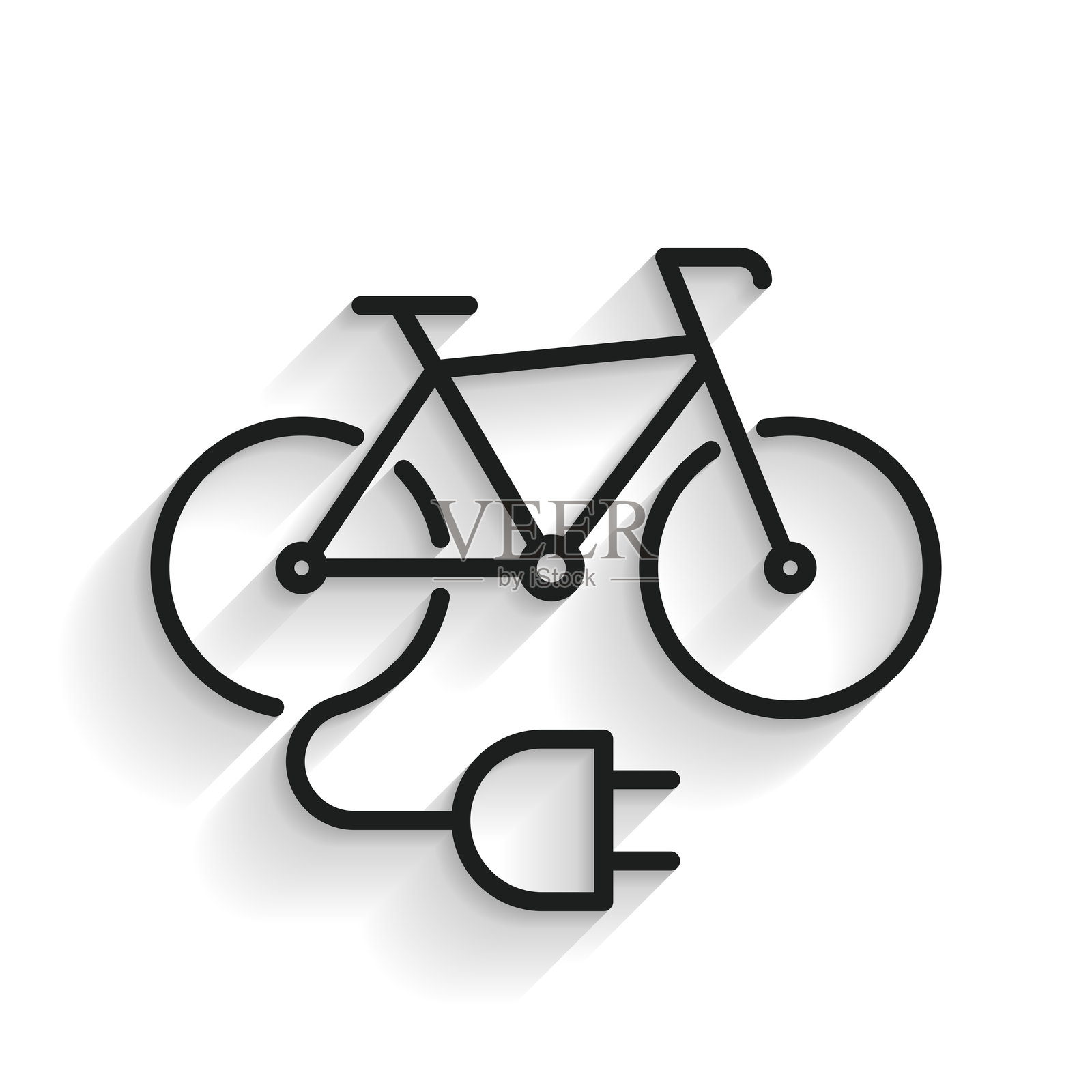 带插头的电动自行车。白色背景上的线条图标，带有长阴影。插画图片素材