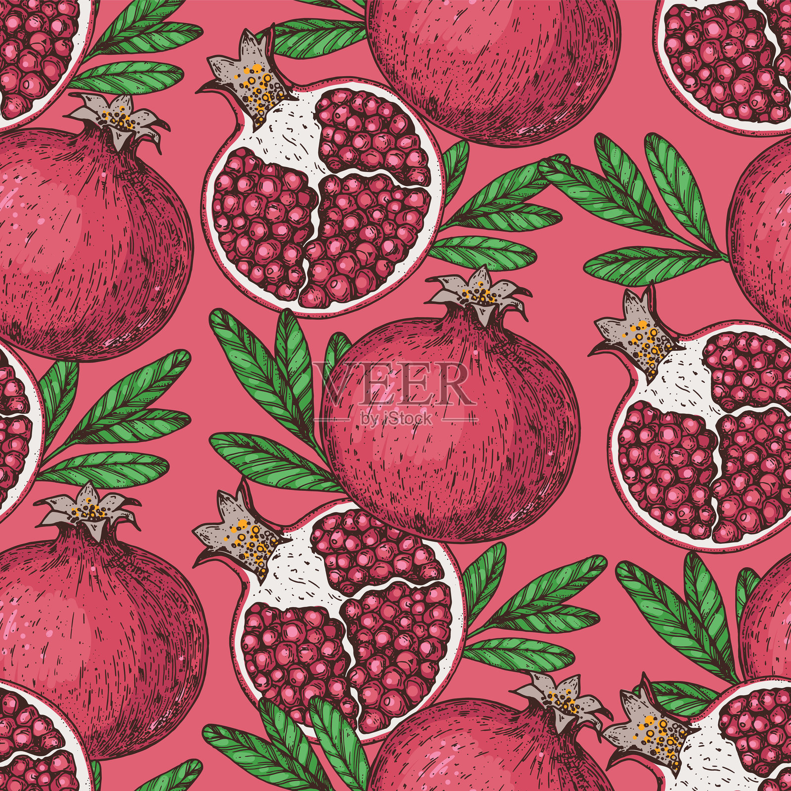 石榴水果无缝图案。手绘设计。矢量插图。设计、包装、宣传册插图。石榴背景插图。用于包装设计等的设计。插画图片素材