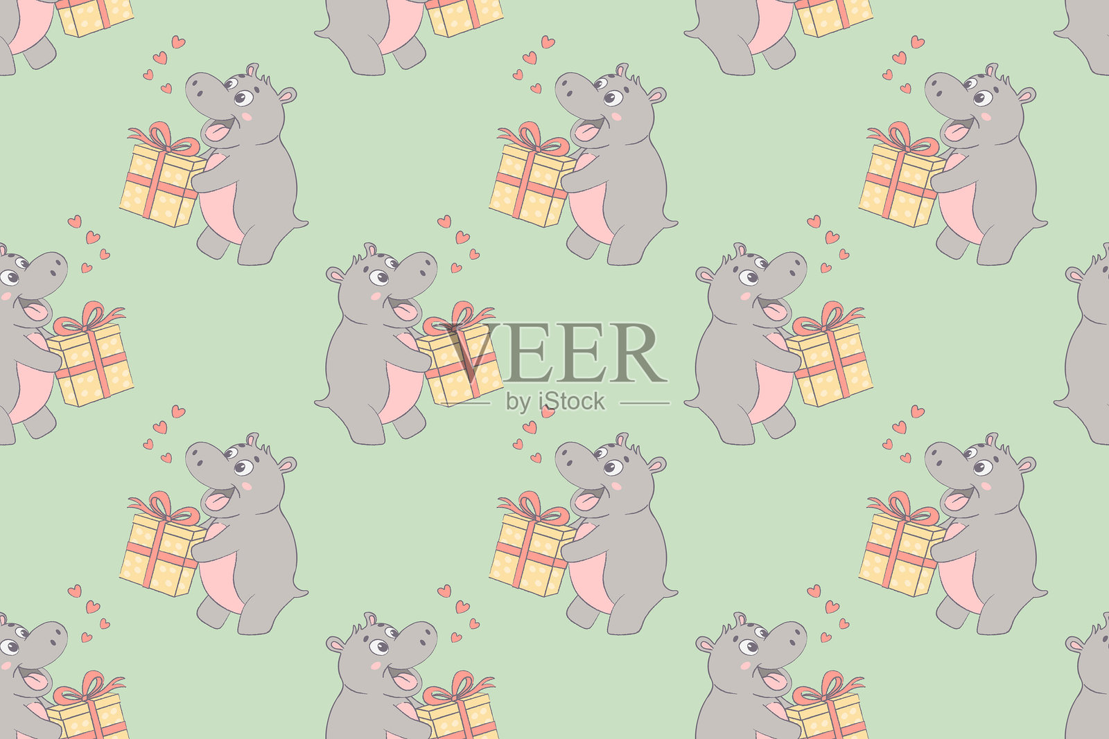 快乐的河马手持缎带礼物，形成欢快的无缝图案，完美适合庆祝主题插画图片素材