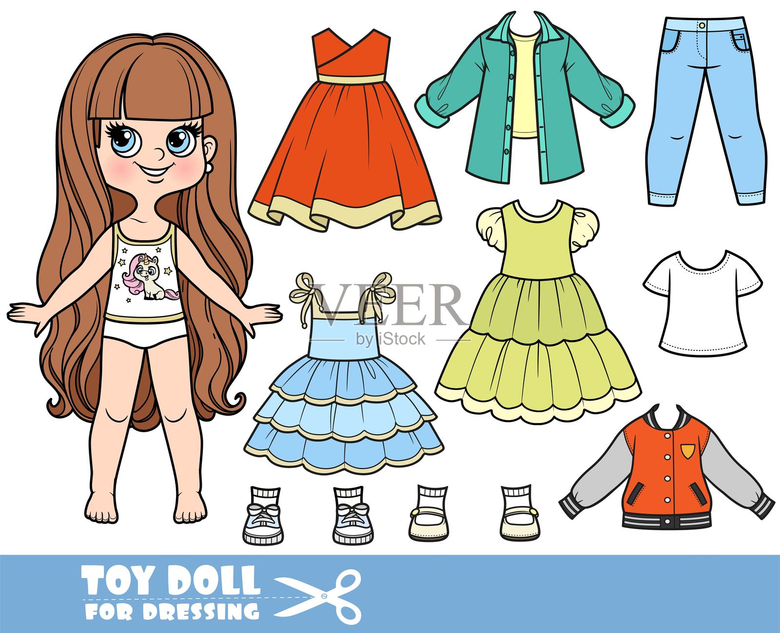 卡通长发棕发女孩与单独的衣物 - 夏季连衣裙、衬衫、长袖、牛仔裤和运动鞋娃娃供穿搭使用插画图片素材