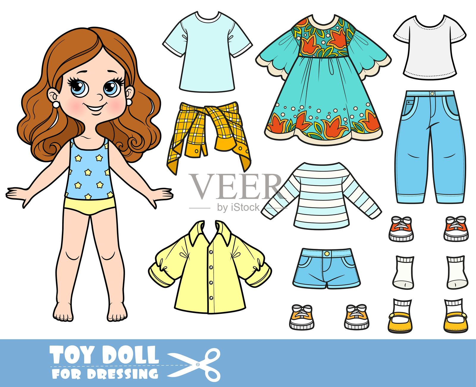 卡通棕发女孩与单独的衣物 - 连衣裙、长袖衬衫、短裤、凉鞋、牛仔裤和运动鞋插画图片素材