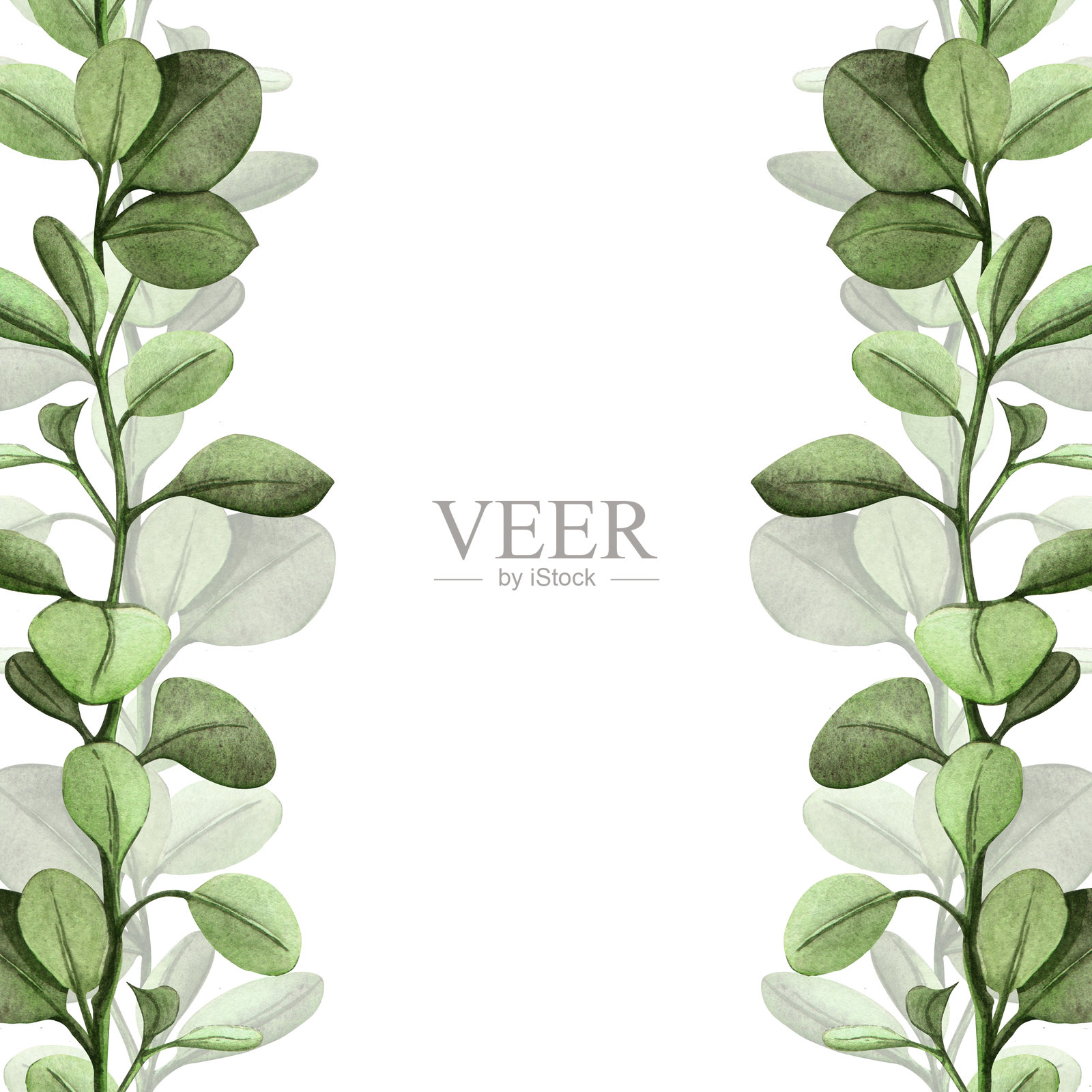 绿色花卉方形模板，带有无缝边框 - 春季嫩枝和新叶。明亮的水彩背景 - 植物边框。非常适合季节性布置、绿植主题、婚礼和复活节。插画图片素材