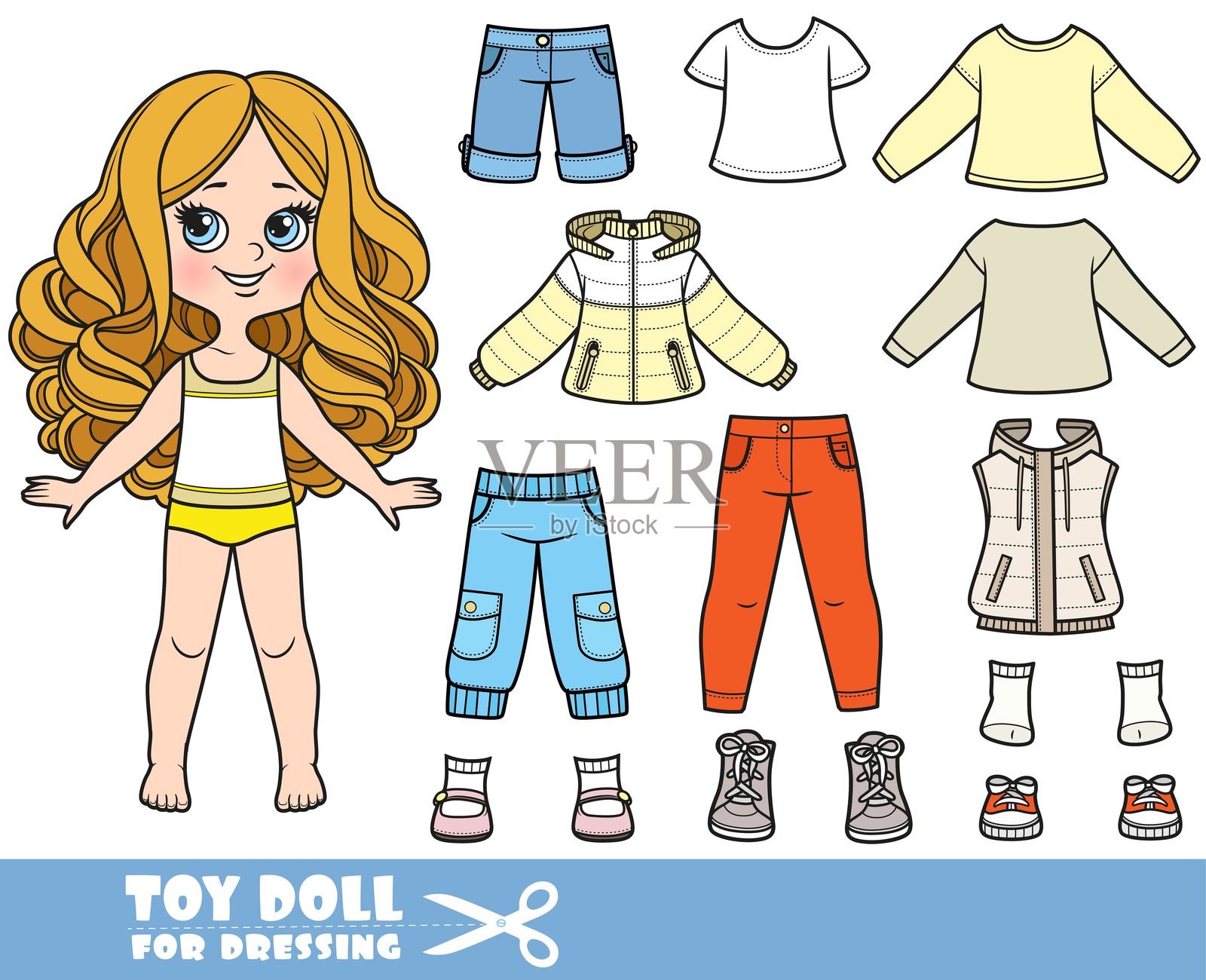 卡通女孩，拥有大卷发，衣物包括长袖衬衫、加厚外套、靴子、牛仔裤和运动鞋，供穿搭的玩偶插画图片素材