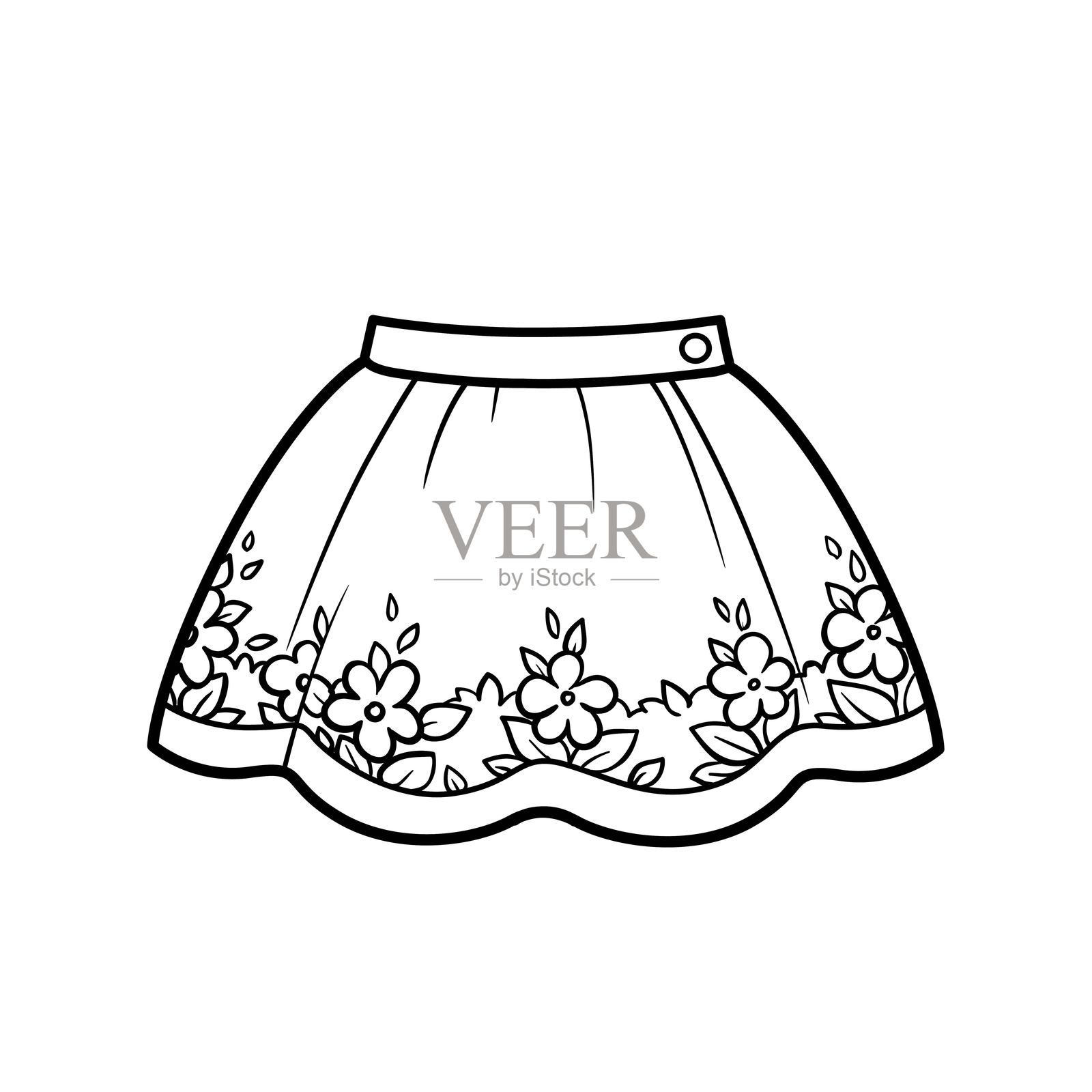 白色背景上的花卉轮廓裙子涂色图案插画图片素材