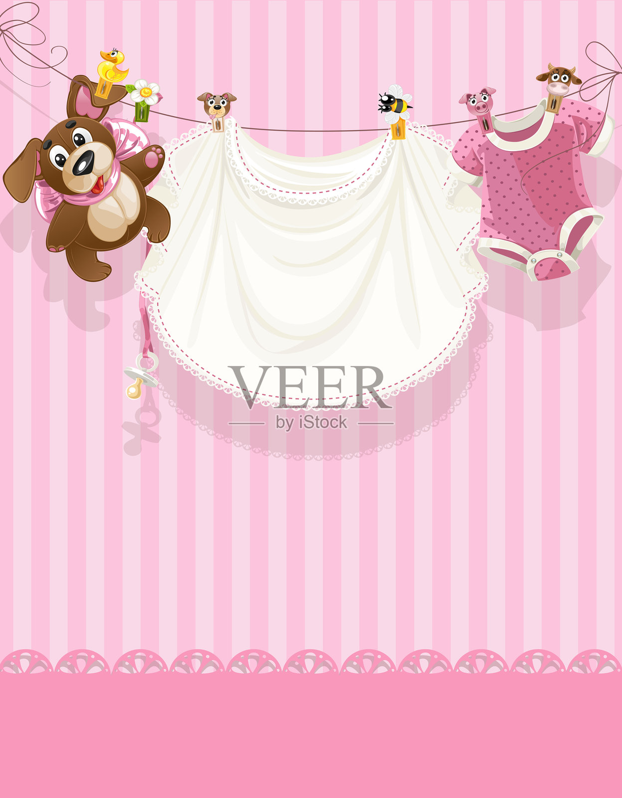 粉色透孔婴儿女孩出生通知卡插画图片素材