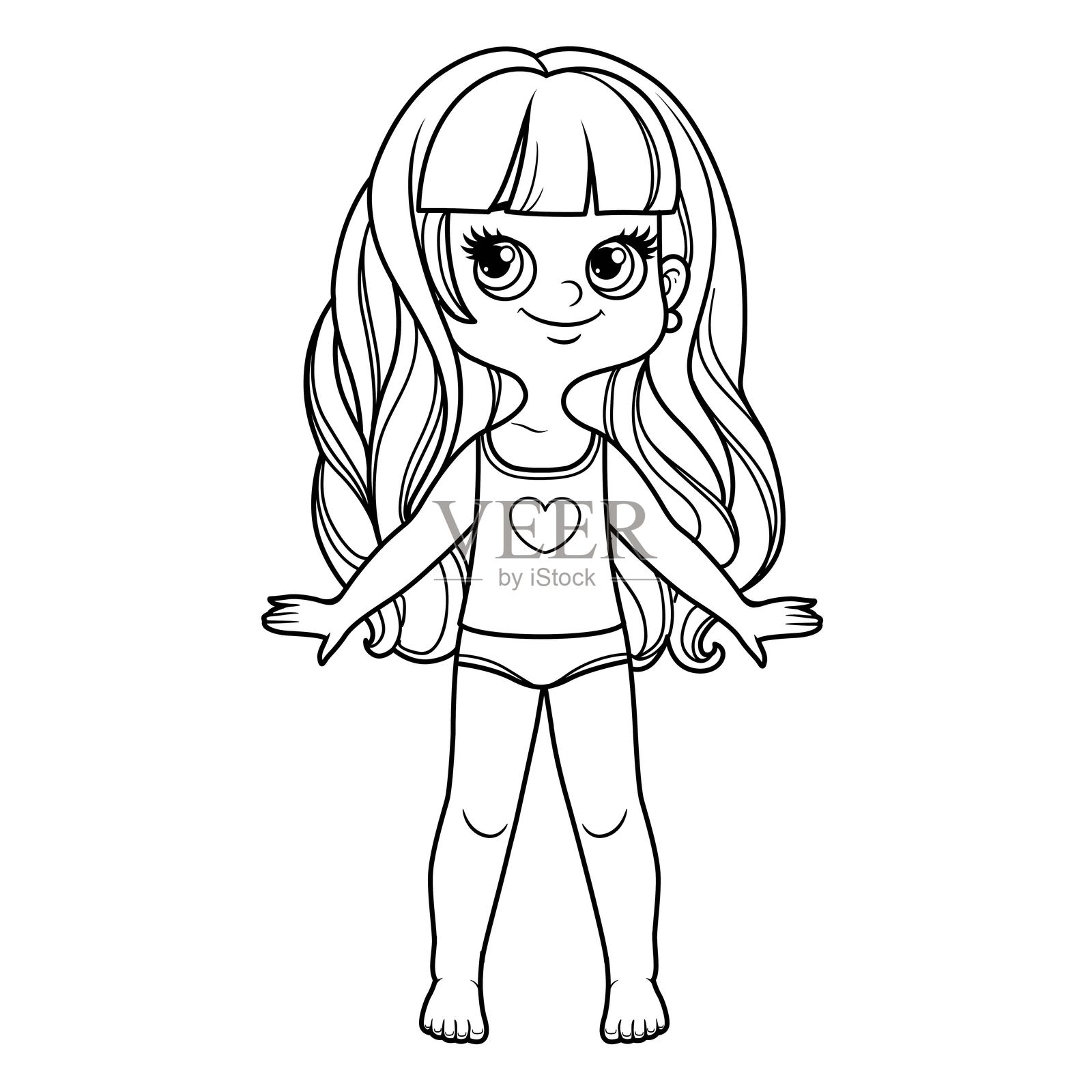 可爱的卡通女孩，长波浪卷发，穿着内衣，赤脚，轮廓适合在白色背景上涂色。插画图片素材