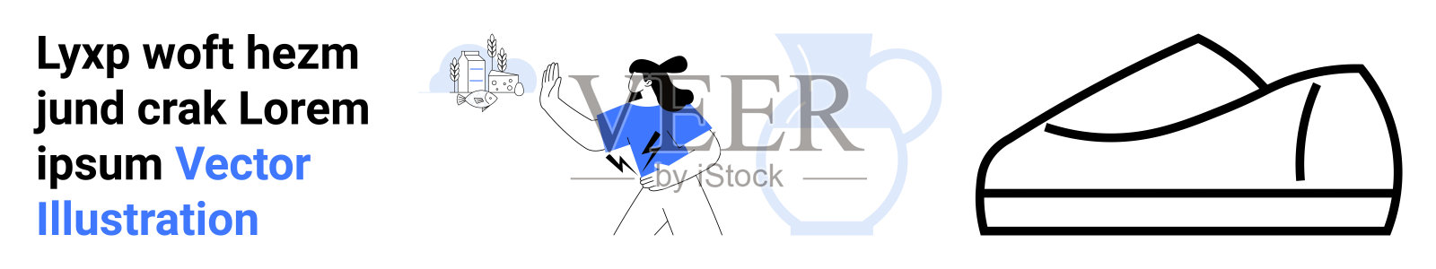 现代构图中的城市景观、花瓶和极简鞋子环绕的人物插画图片素材