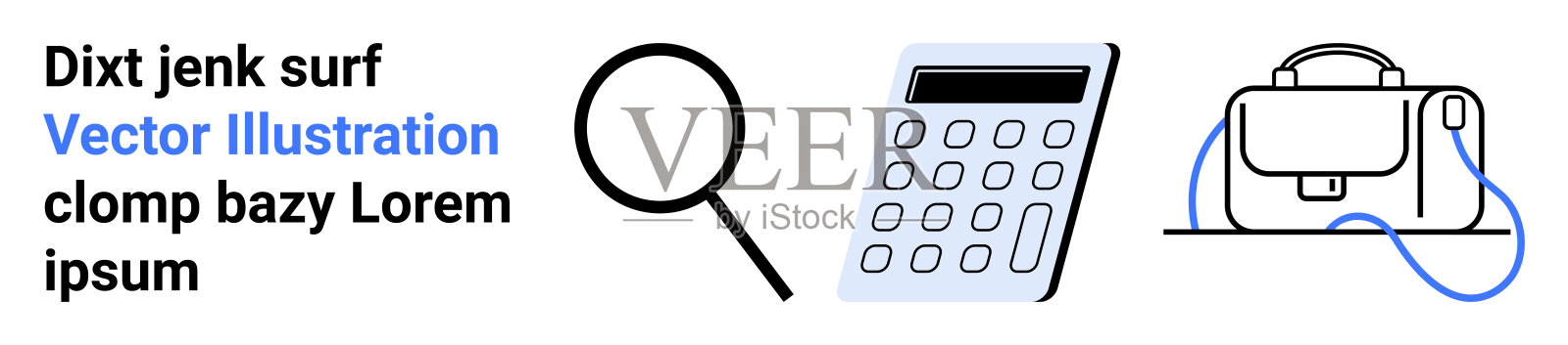 放大镜、计算器和手提包图标，带有黑色和蓝色的示例文本插画图片素材