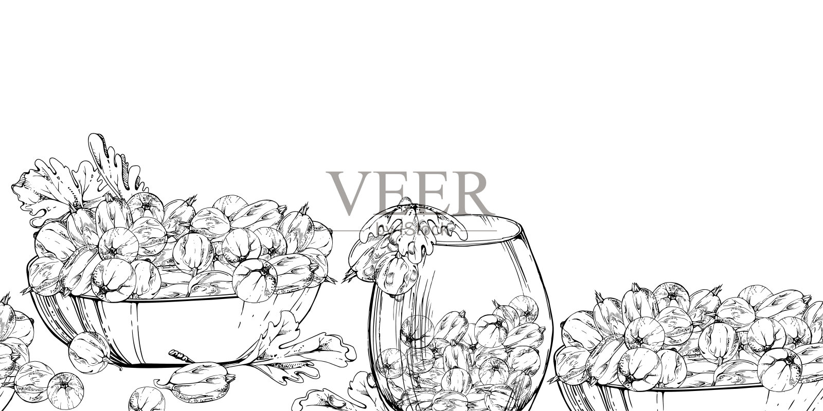 带叶的醋栗在玻璃碗中，手绘矢量墨水风格，盛装成熟采摘的浆果。独立无缝横幅。甜点咖啡馆菜单，食谱，手工农贸市场，生态园艺。插画图片素材