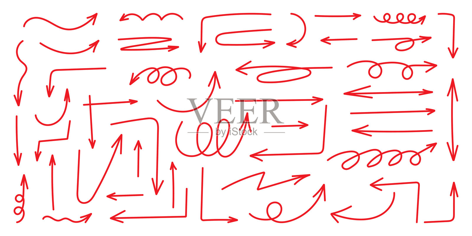 蜡笔涂鸦红色箭头套装。手绘粉笔元素，扁平风格。涂鸦运动螺旋箭头、涂鸦线条。用于图标和草图的铅笔笔刷。儿童插图，背景为白色。插画图片素材