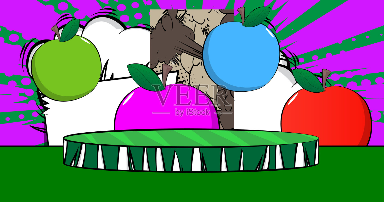 Comic Book Product podium stage for mockup presentation with apple. Retro comics background.插画图片素材
