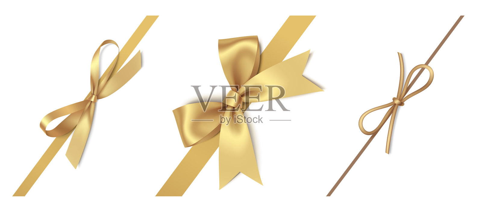 一组美丽的金色圣诞装饰蝴蝶结，带有丝带或绳子，斜放在白色背景上。适合用于包装设计的新年角落装饰。插画图片素材
