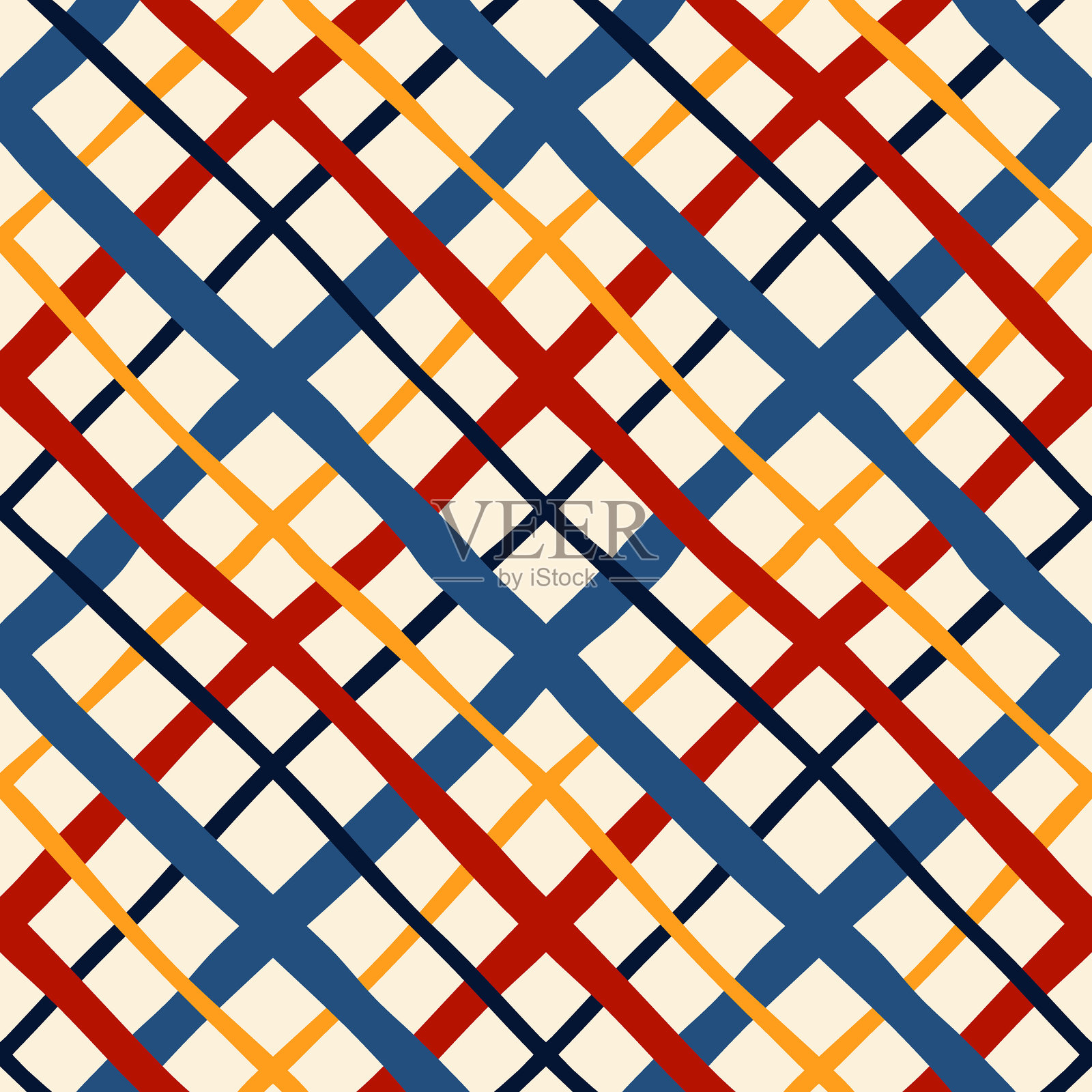 波浪交叉线矢量无缝图案。手绘的多彩现代几何重复瓷砖设计，明亮的复古菱形格子。鲜艳大胆的交叉对角条纹，适用于浅色背景的面料。插画图片素材