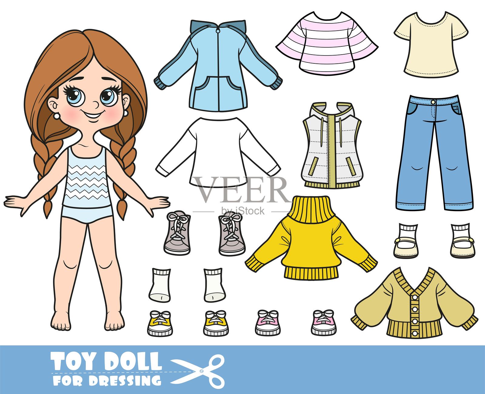 卡通长发编辫子的女孩和单独的衣物 - 休闲毛衣、保暖背心、春秋外套、衬衫、牛仔裤和运动鞋娃娃可供穿搭插画图片素材