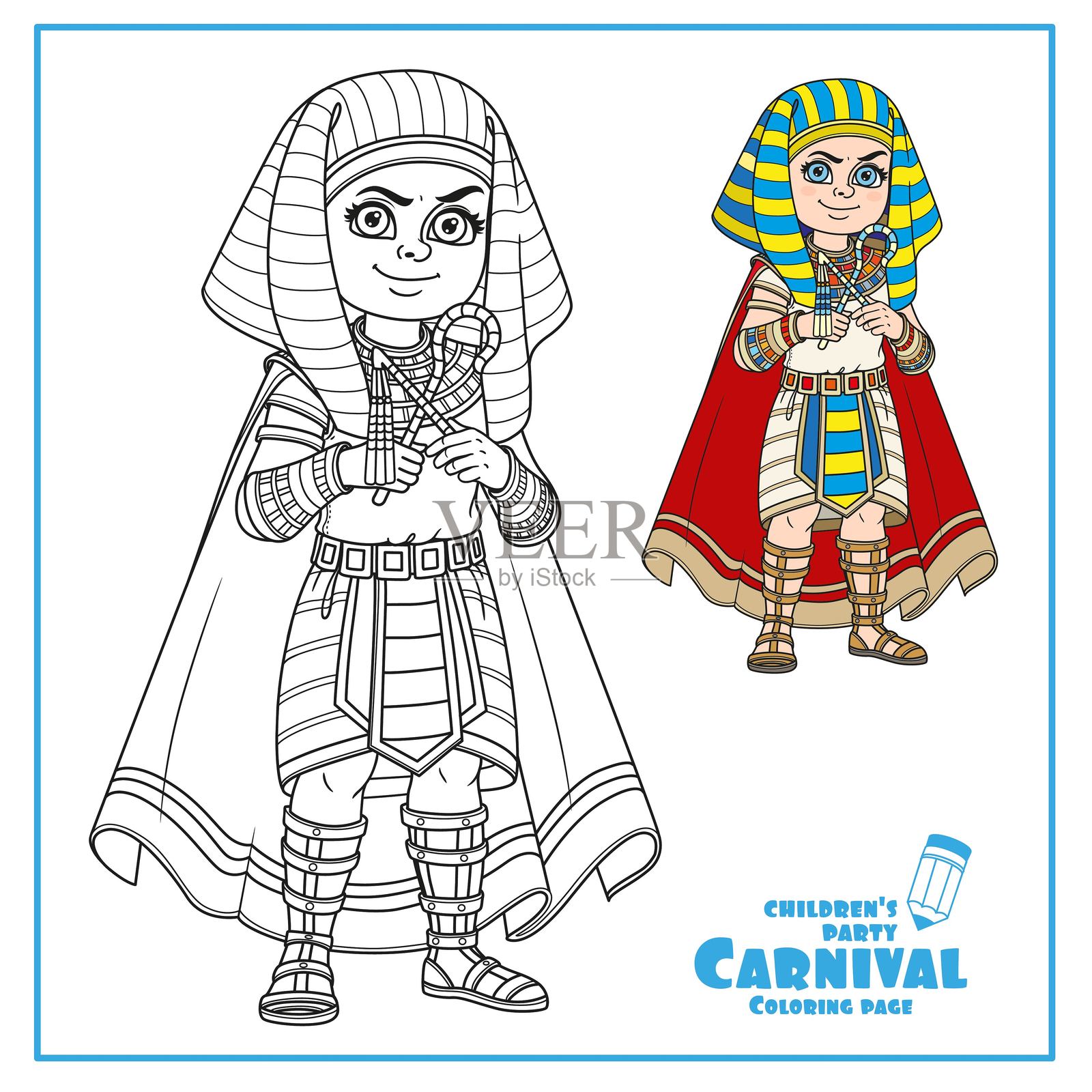 可爱的男孩穿着埃及法老服装，适合涂色的轮廓图插画图片素材