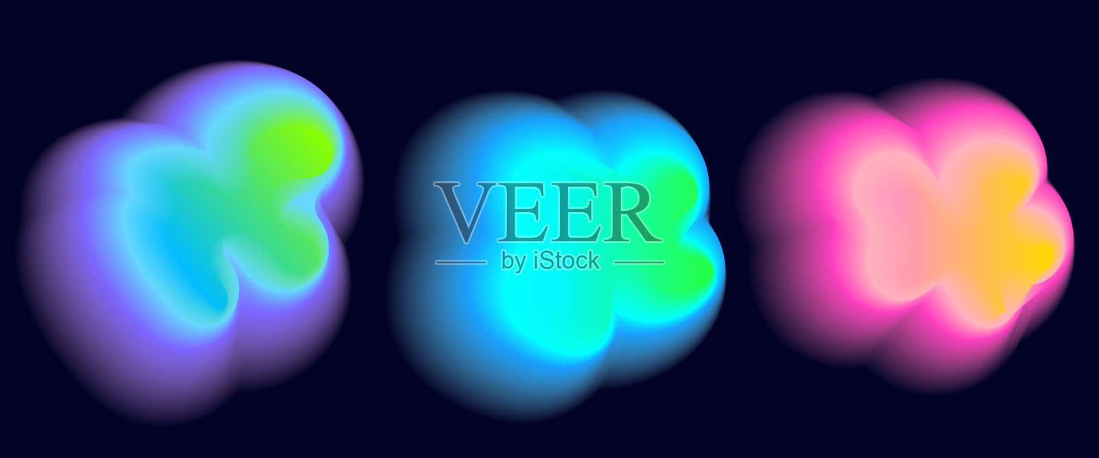 不规则的霓虹色渐变色块，混合渐变。深蓝色背景上的抽象多彩模糊形状。带有光晕效果的抽象Y2K流行设计元素，气场概念，矢量插图。插画图片素材